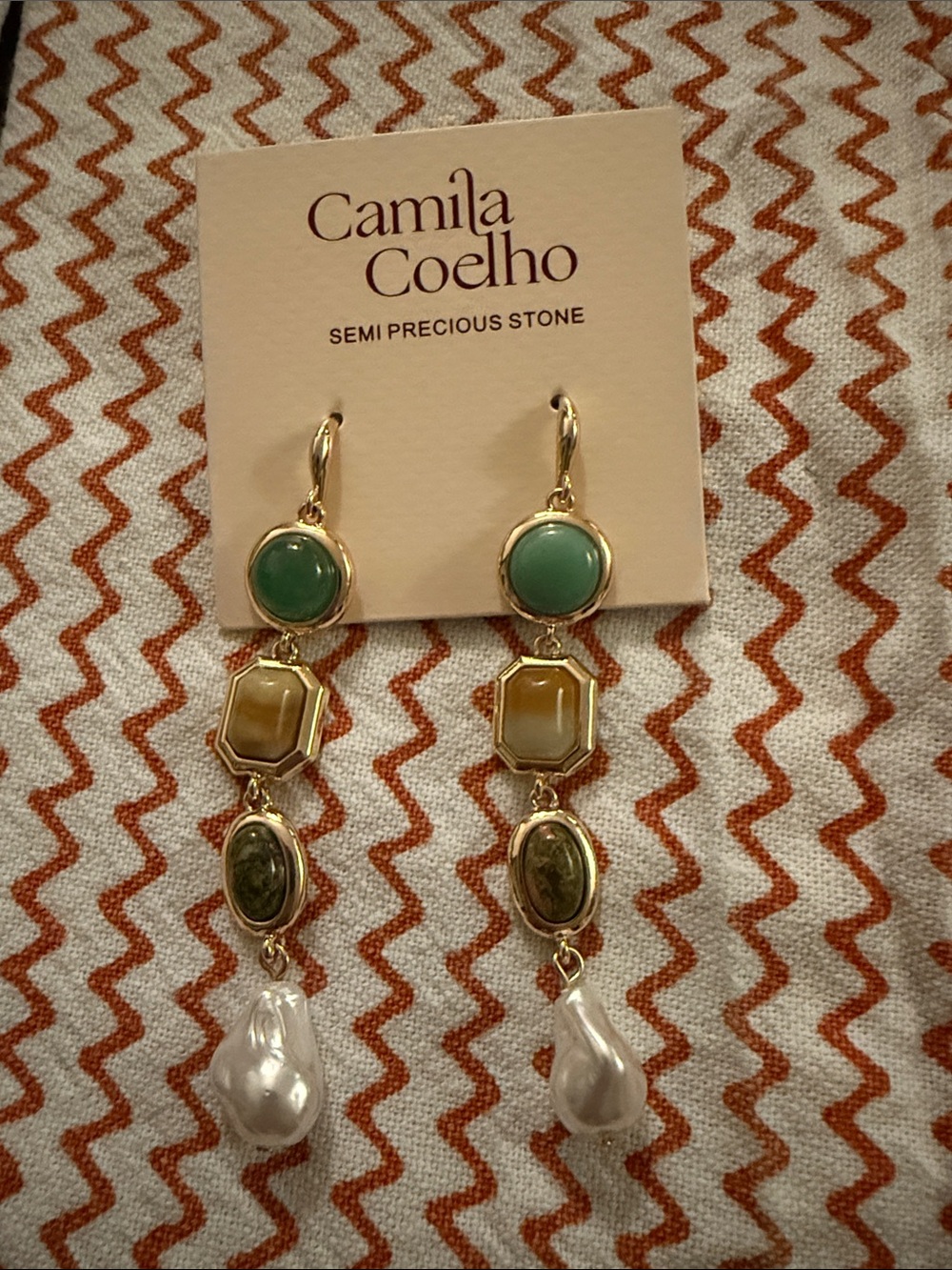 Camila Coelho Green and Gold Semi-Precious Drop Earrings with Pearl